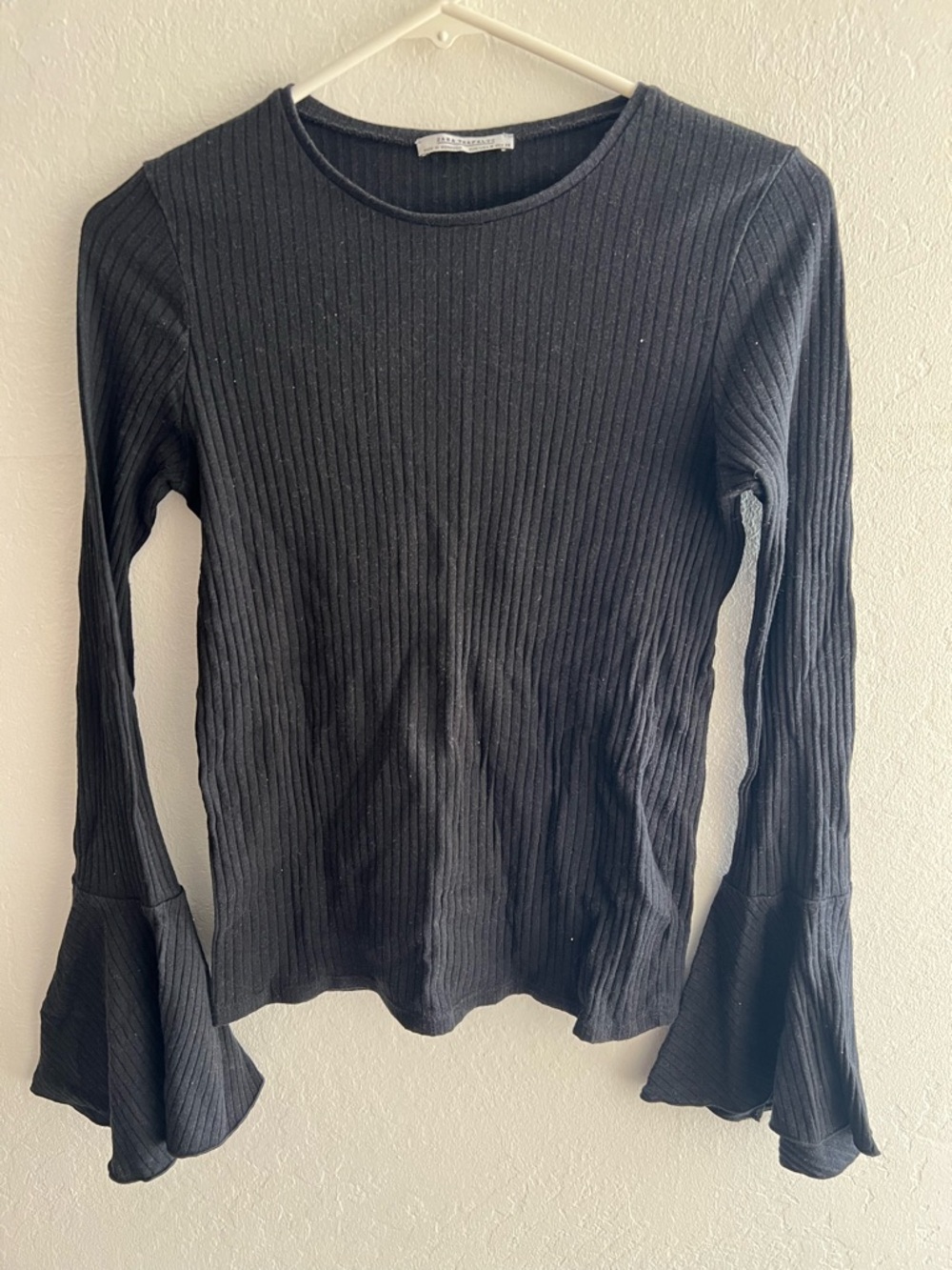 Zara Trafaluc Black Ribbed Bell-Sleeve Women's Top